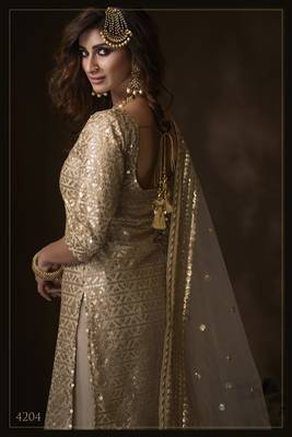 Bewitching Beige sequins embroidered net fabric sharara suit 3