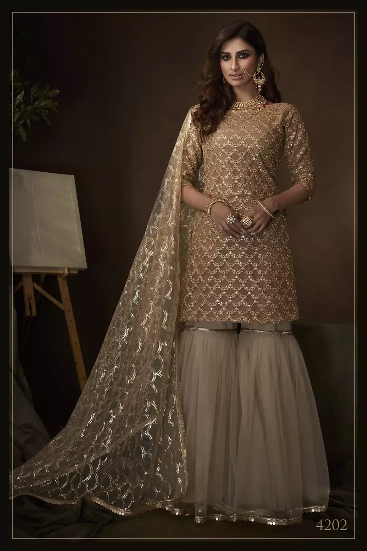 Beige Net Sharara Suit Sequin Embroidery