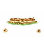 Gold Plated Kundan Green Choker With Earrings