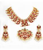 Gold Plated Kundan Red Long Necklace With Earrings