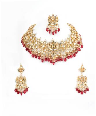 Gold Plated Kundan Red Necklace With Earrings and Tika 1