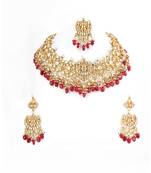 Gold Plated Kundan Red Necklace With Earrings and Tika