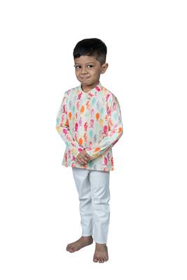 fish print with wooden buttons and white patiala 1