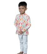 fish print with wooden buttons and white patiala