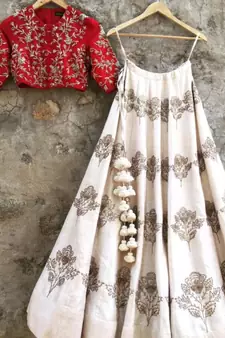 Cream Mulberry art silk Embroidered lehenga with Dupatta