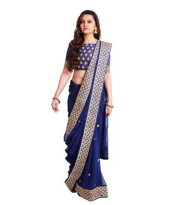 Navy Georgette Embroidered saree with unstitch blouse 1