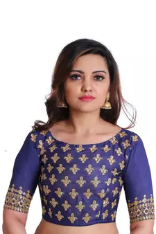 Navy Georgette Embroidered saree with unstitch blouse