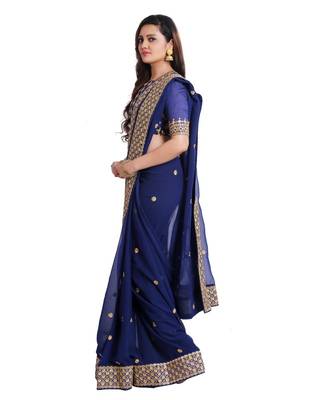 Navy Georgette Embroidered saree with unstitch blouse 3