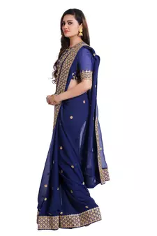 Navy Georgette Embroidered saree with unstitch blouse