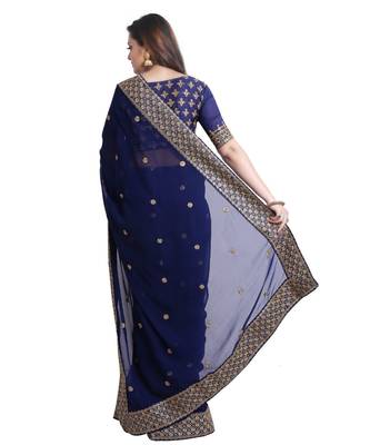 Navy Georgette Embroidered saree with unstitch blouse 4
