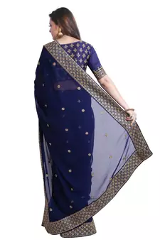 Navy Georgette Embroidered saree with unstitch blouse