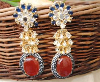 Oval Carnelian Drop Diamond Dangler Earrings 2