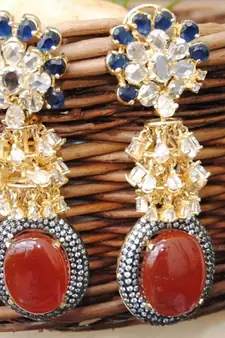 Oval Carnelian Drop Diamond Dangler Earrings