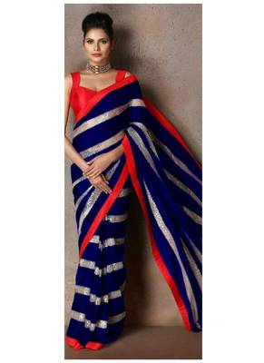 Blue embroidered georgette saree with blouse 1