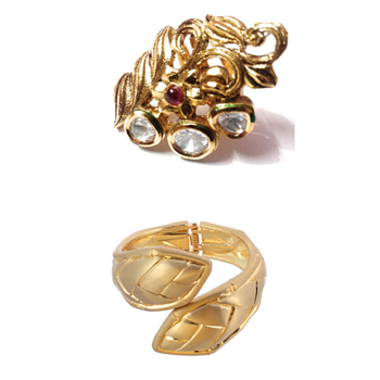 gold plated adjustable kundan ring with antique finish snake style kada available in combo deals. 1