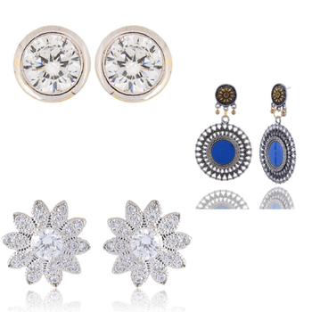 floral design american diamond studds earrings with blue stone studded dangler earrings 1