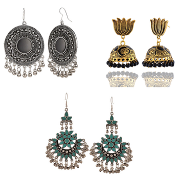 oxidized chandbali/gold plated black jhumki/green ghungroo earrings combo deals 1