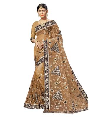 Sangam Prints Beige Net Embroidery Designer Saree 1