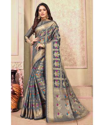 Sangam Prints Grey Cotton Handloom Woven Work Traditional Saree 1