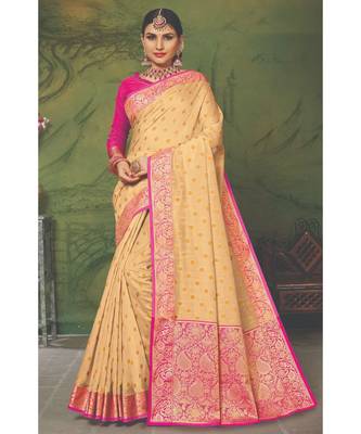 Sangam Prints Beige Handloom Silk Woven Work Traditional Saree 1