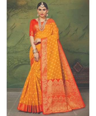 Sangam Prints Mustard Handloom Silk Woven Work Traditional Saree 1