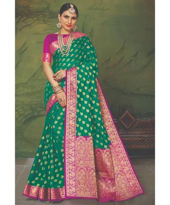 Sangam Prints Green Handloom Silk Woven Work Traditional Saree 1
