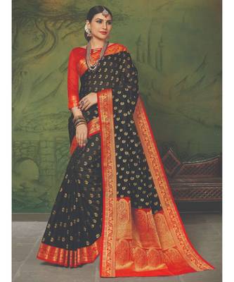 Sangam Prints Black Handloom Silk Woven Work Traditional Saree 1