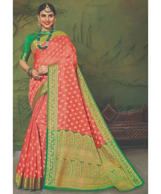 Sangam Prints Peach Handloom Silk Woven Work Traditional Saree 1