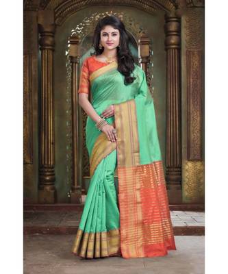 Sangam Prints Light Green Cotton Handloom Woven Work Traditional Saree 1