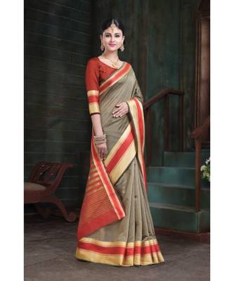 Sangam Prints Grey Cotton Handloom Woven Work Traditional Saree 1