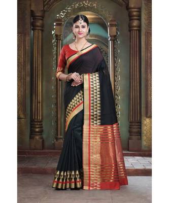 Sangam Prints Black Cotton Handloom Woven Work Traditional Saree 1