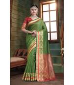 Sangam Prints Green Cotton Handloom Woven Work Traditional Saree