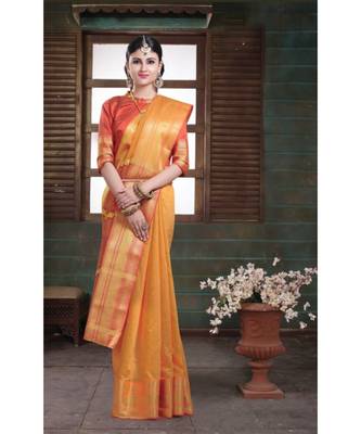 Sangam Prints Yellow Cotton Handloom Woven Work Traditional Saree 1