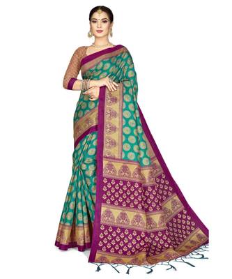 Sangam Prints Turquoise Art Silk Printed Traditional Saree 1