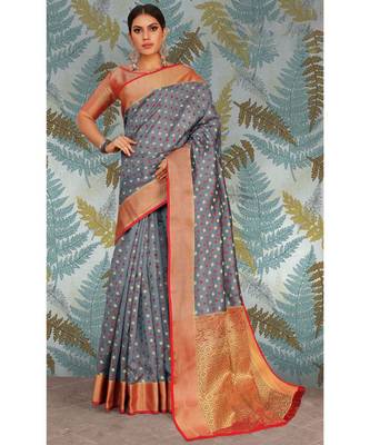 Sangam Prints Grey Handloom Silk Woven Work Traditional Saree 1