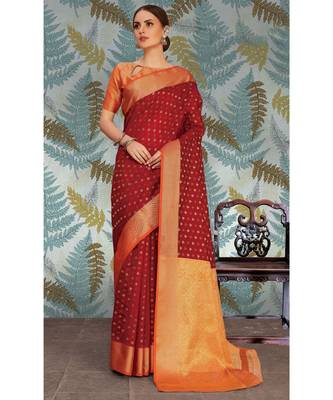 Sangam Prints Red Handloom Silk Woven Work Traditional Saree 1
