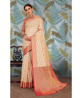 Sangam Prints Cream Handloom Silk Woven Work Traditional Saree 1