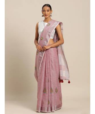 Sangam Prints Light Purple Linen Cotton Embroidery Traditional Saree 1