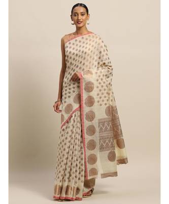 Sangam Prints Beige Handloom Silk Zari Work Traditional Saree 1