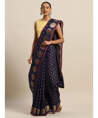 Sangam Prints Navy Blue Handloom Silk Zari Work Traditional Saree 1