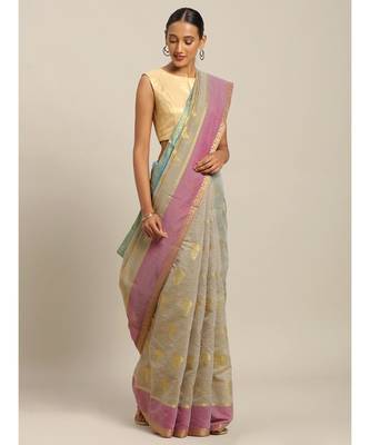 Sangam Prints Grey Cotton Handloom Woven Work Traditional Saree 1
