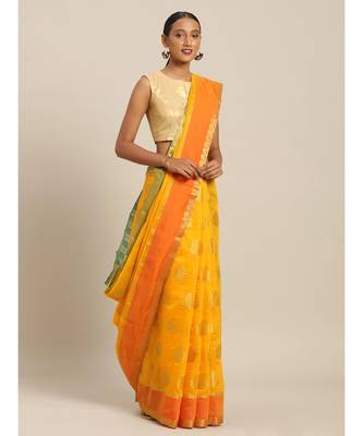 Sangam Prints Yellow Cotton Handloom Woven Work Traditional Saree 1