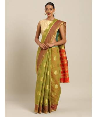 Sangam Prints Mehendi Green Cotton Handloom Woven Work Traditional Saree 1
