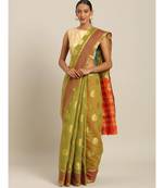 Sangam Prints Mehendi Green Cotton Handloom Woven Work Traditional Saree