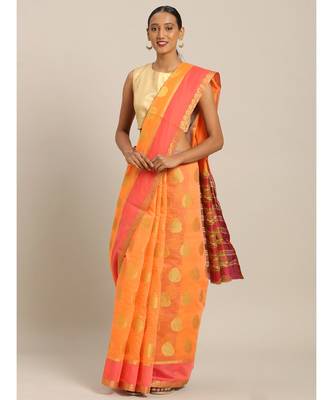 Sangam Prints Orange Cotton Handloom Woven Work Traditional Saree 1