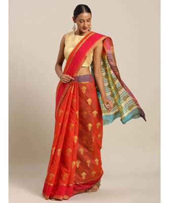Sangam Prints Rusk Red Cotton Handloom Woven Work Traditional Saree 1