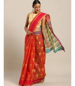 Sangam Prints Rusk Red Cotton Handloom Woven Work Traditional Saree