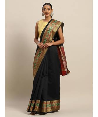 Sangam Prints Black Handloom Silk Thread Work Traditional Saree 1