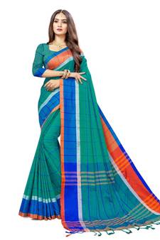 Sangam Prints Turquoise Cotton Silk Woven Work Traditional Saree
