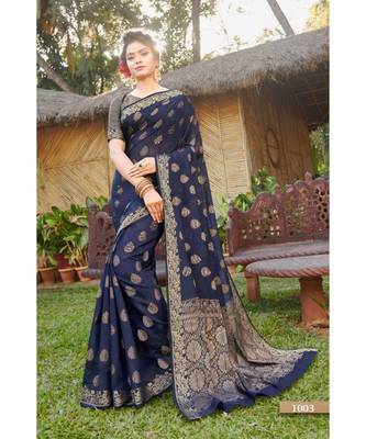 Sangam Prints Navy Blue Handloom Silk Woven Work Traditional Saree 1